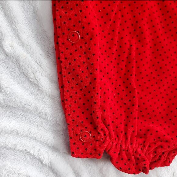 VTG 80s Red and Polkadot Velour Smocked Romper 6-9 Months - Picture 11 of 12